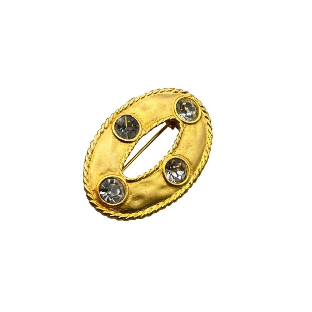 Vintage 80s 90s Matte Gold Tone Pin Brooch with Smokey Rhinestones Oval Shaped